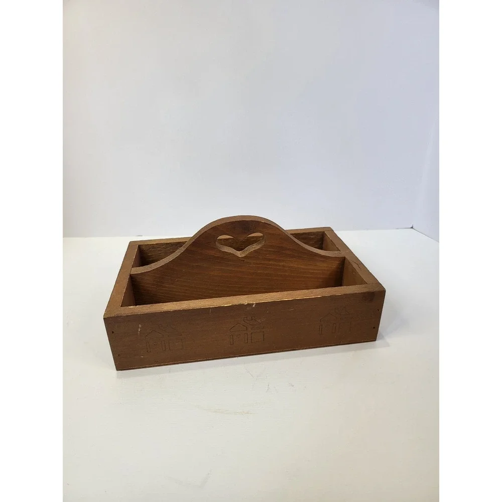 Vintage Primitive Wooden Caddy Heart Handle Saltbox House Country Farmhouse